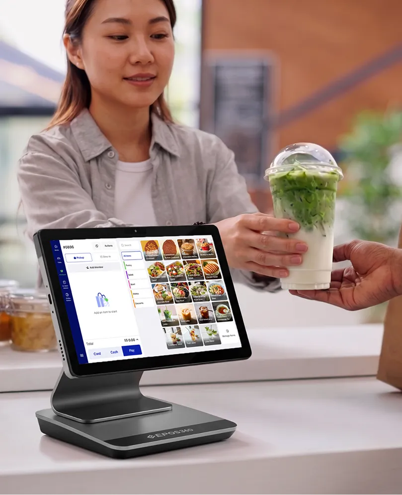 Series 5 tablet on its countertop dock in a cafe